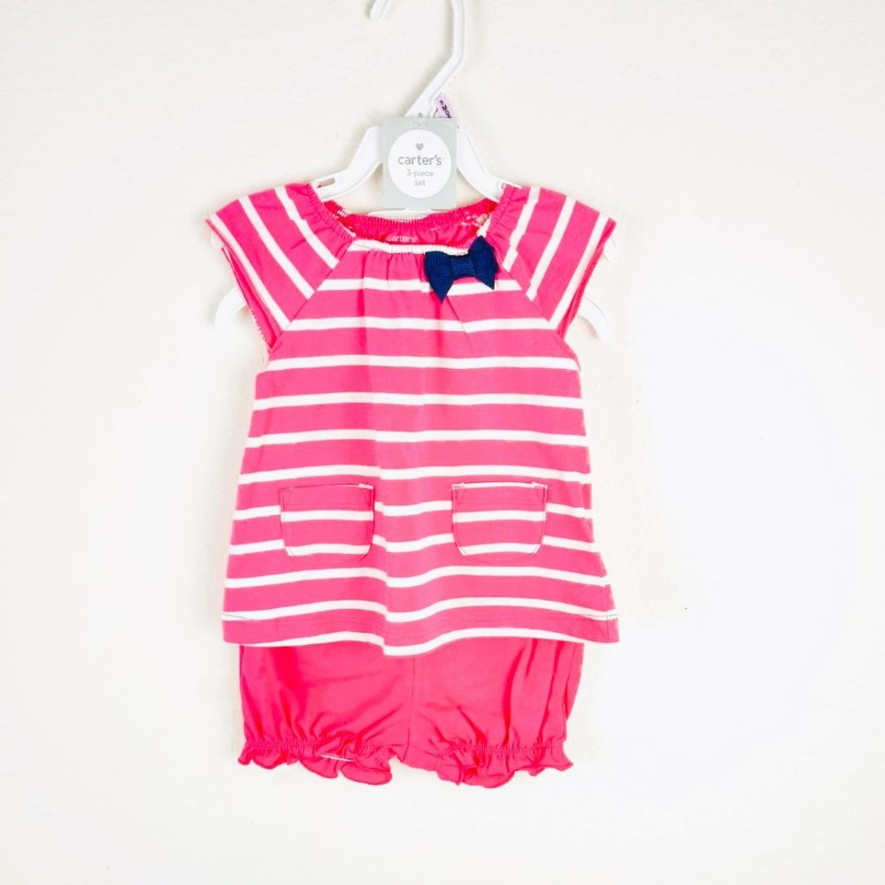 Pink Striped Top & Panties Set 9M Front Pockets and Black Bow Outfit By Carters
